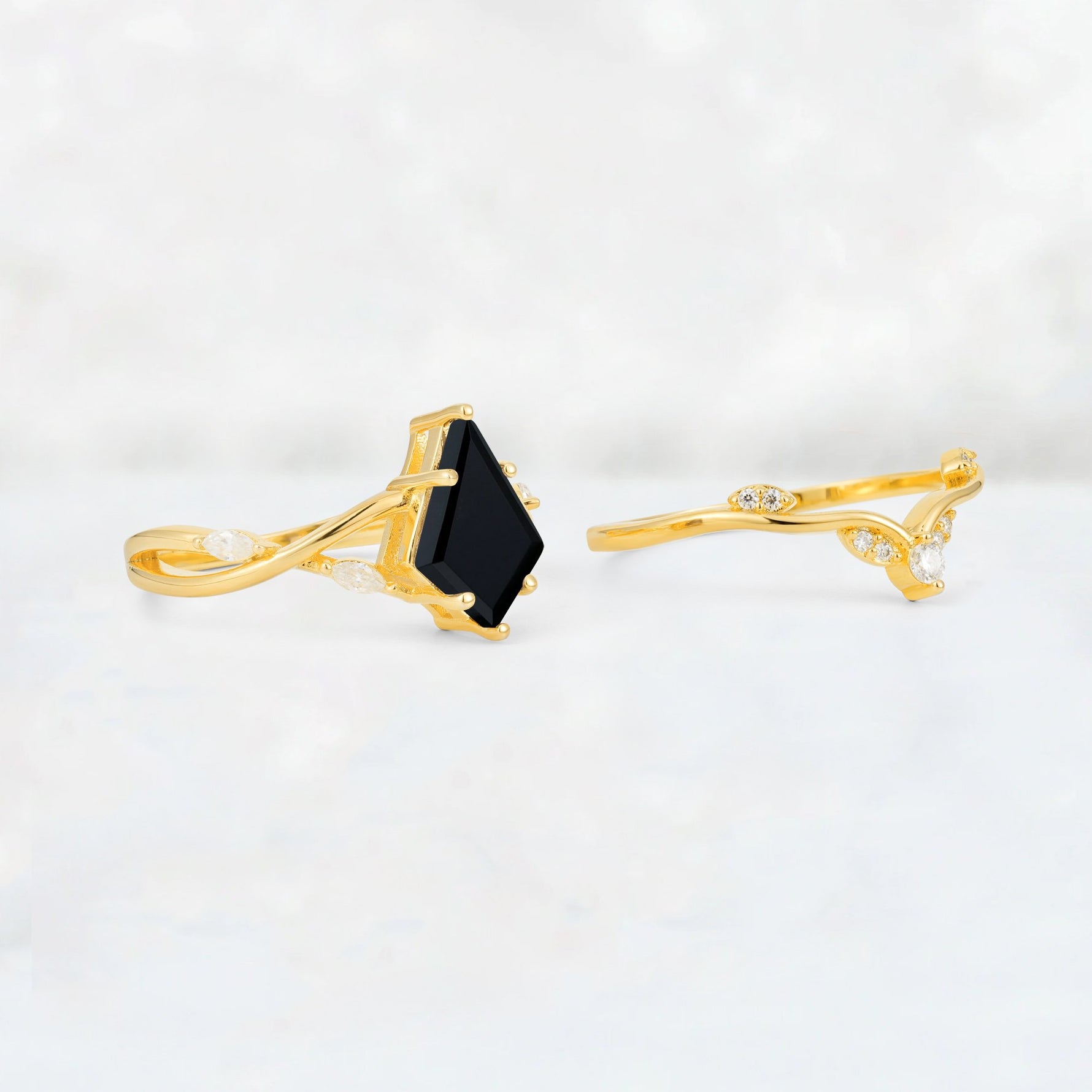 Kite Cut Black Onyx Leaf Chevron Engagement Ring Set - Additional view