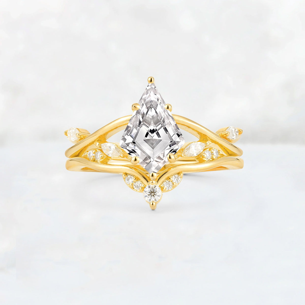 Kite Cut Lab Diamond Leaf Chevron Engagement Ring Set - Additional view