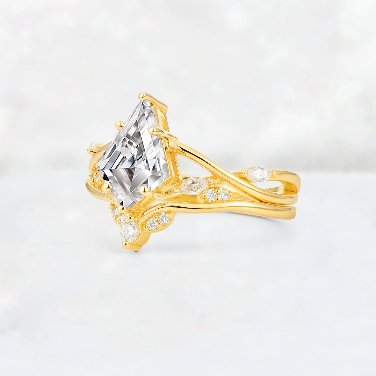 Kite Cut Lab Diamond Leaf Chevron Engagement Ring Set - Additional view