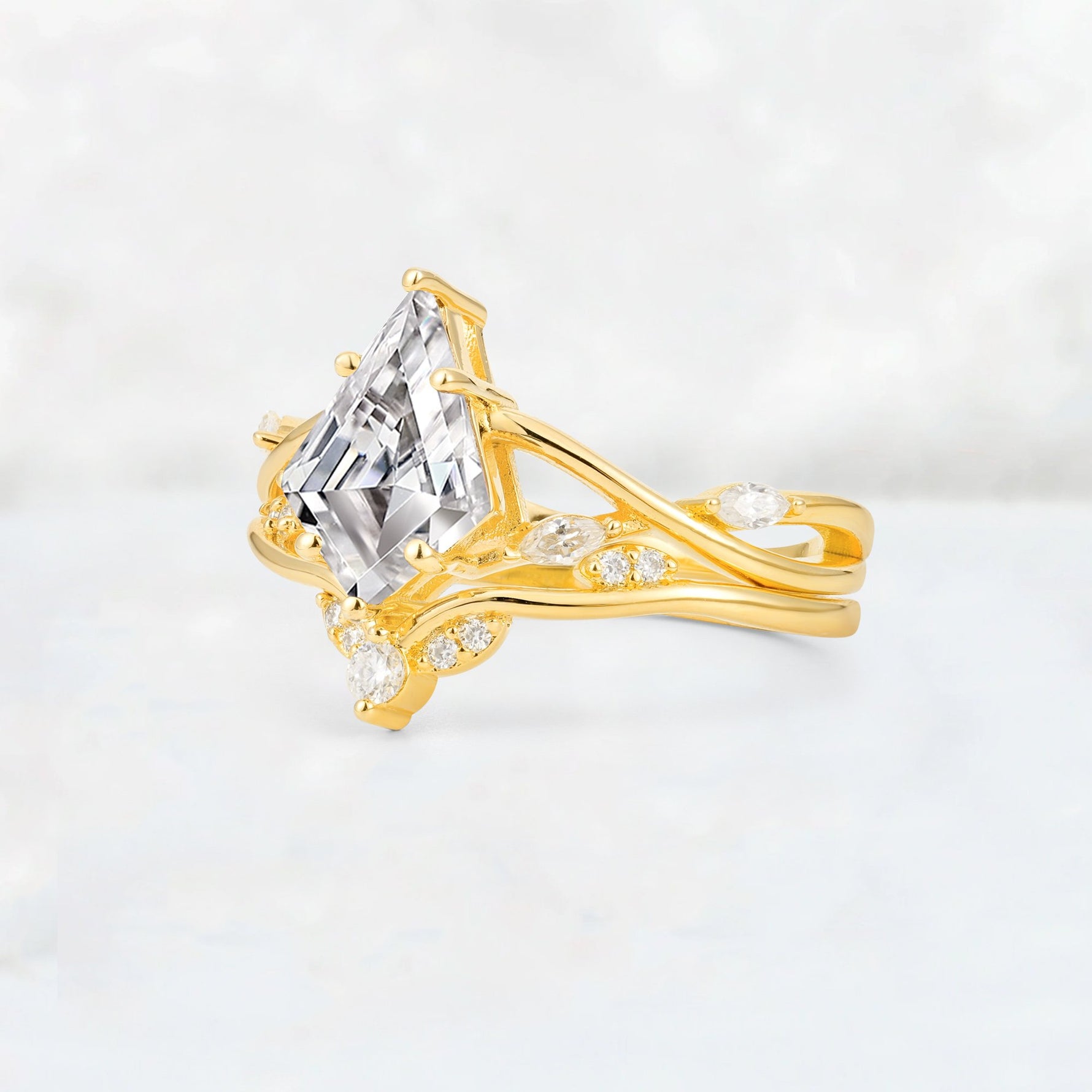 Kite Cut Lab Diamond Leaf Chevron Engagement Ring Set - Additional view