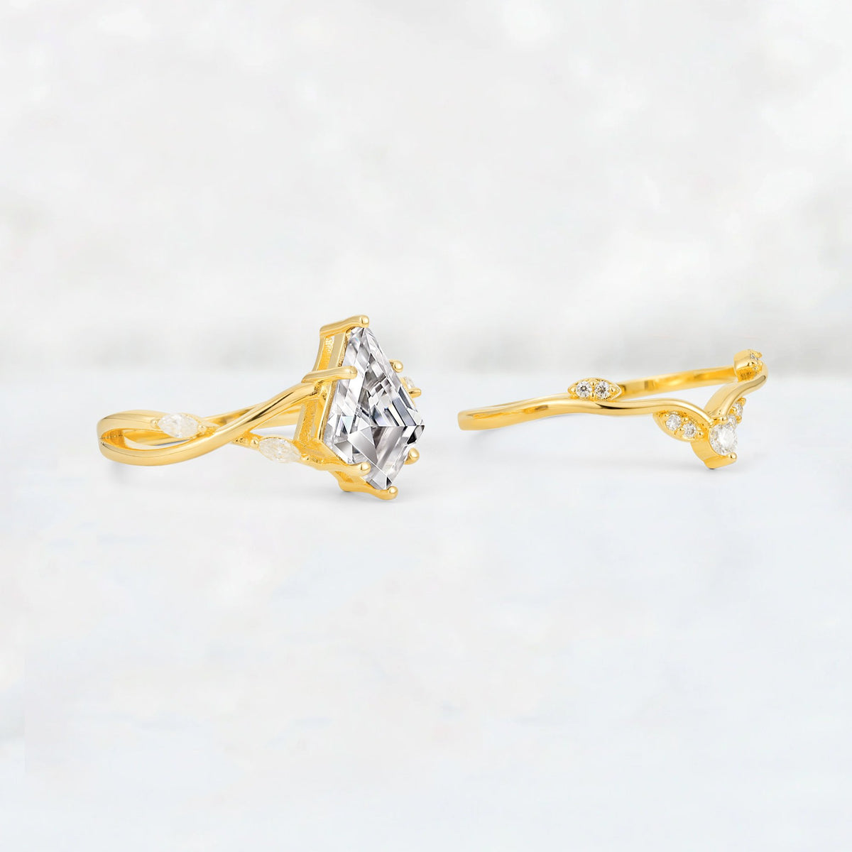 Kite Cut Lab Diamond Leaf Chevron Engagement Ring Set - Additional view