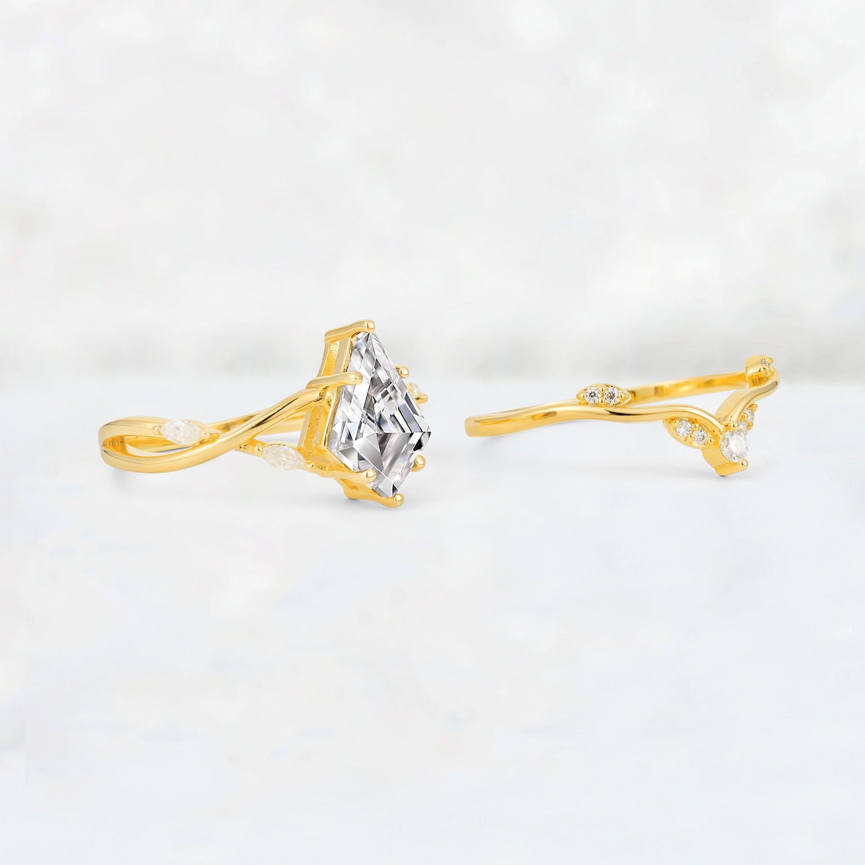 Kite Cut Lab Diamond Leaf Chevron Engagement Ring Set - Additional view