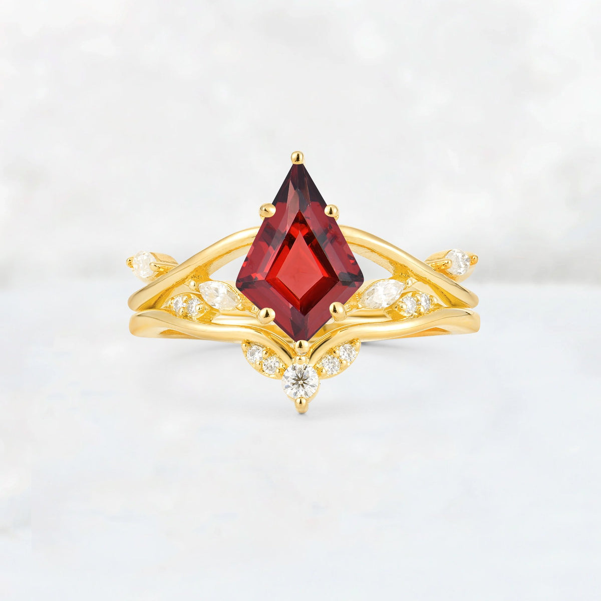 Kite Cut Garnet Leaf Chevron Engagement Ring Set - Additional view