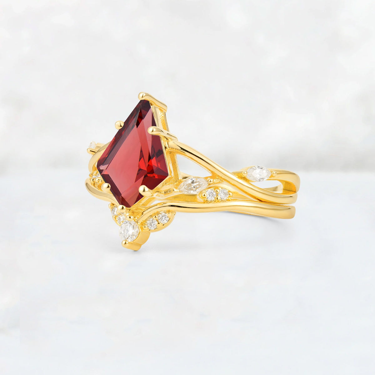 Kite Cut Garnet Leaf Chevron Engagement Ring Set - Additional view