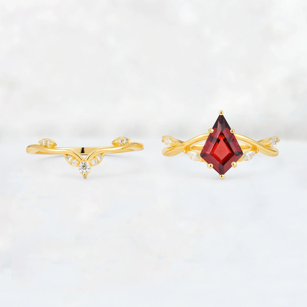 Kite Cut Garnet Leaf Chevron Engagement Ring Set - Additional view