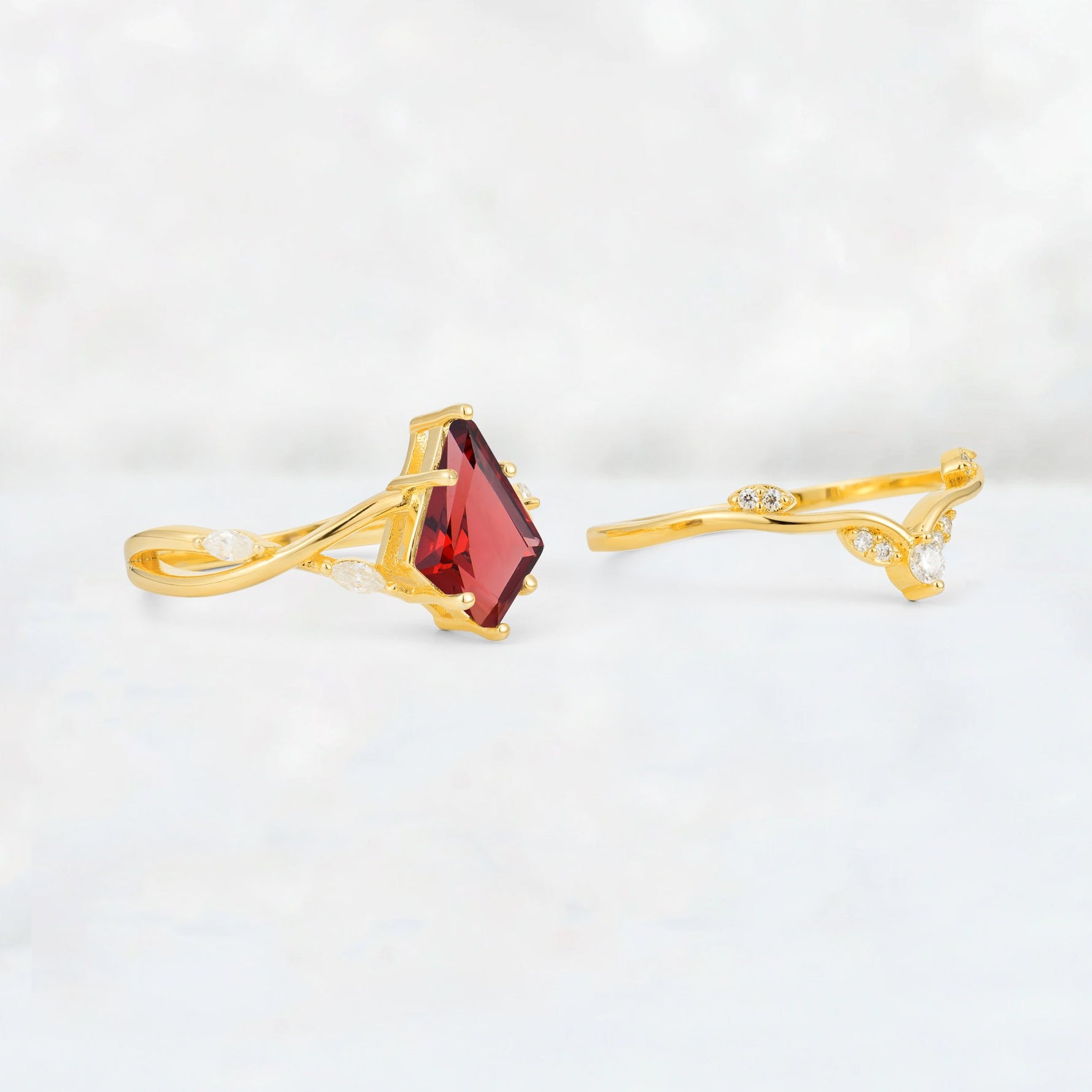 Kite Cut Garnet Leaf Chevron Engagement Ring Set - Additional view