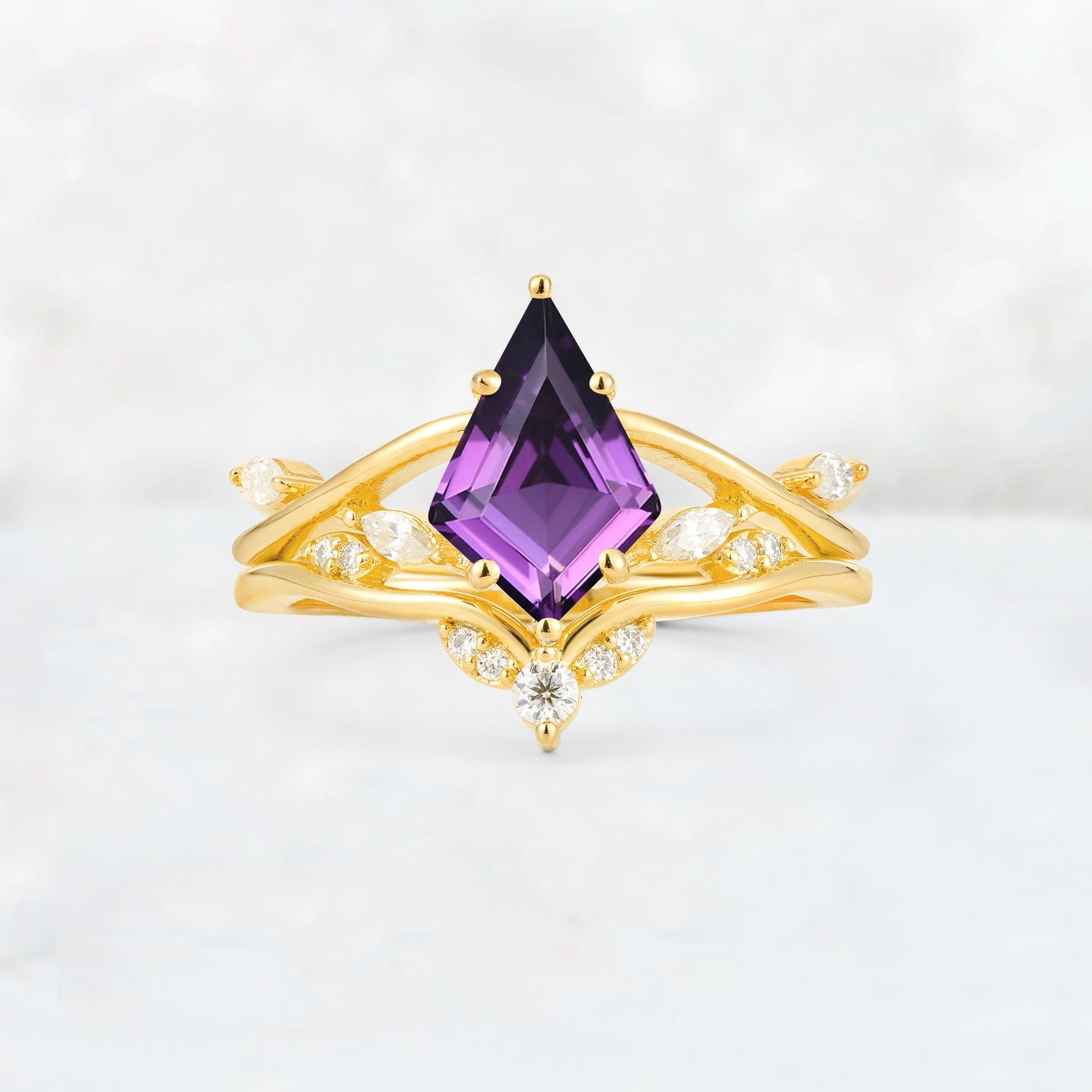 Kite Cut Amethyst Leaf Chevron Engagement Ring Set - Additional view