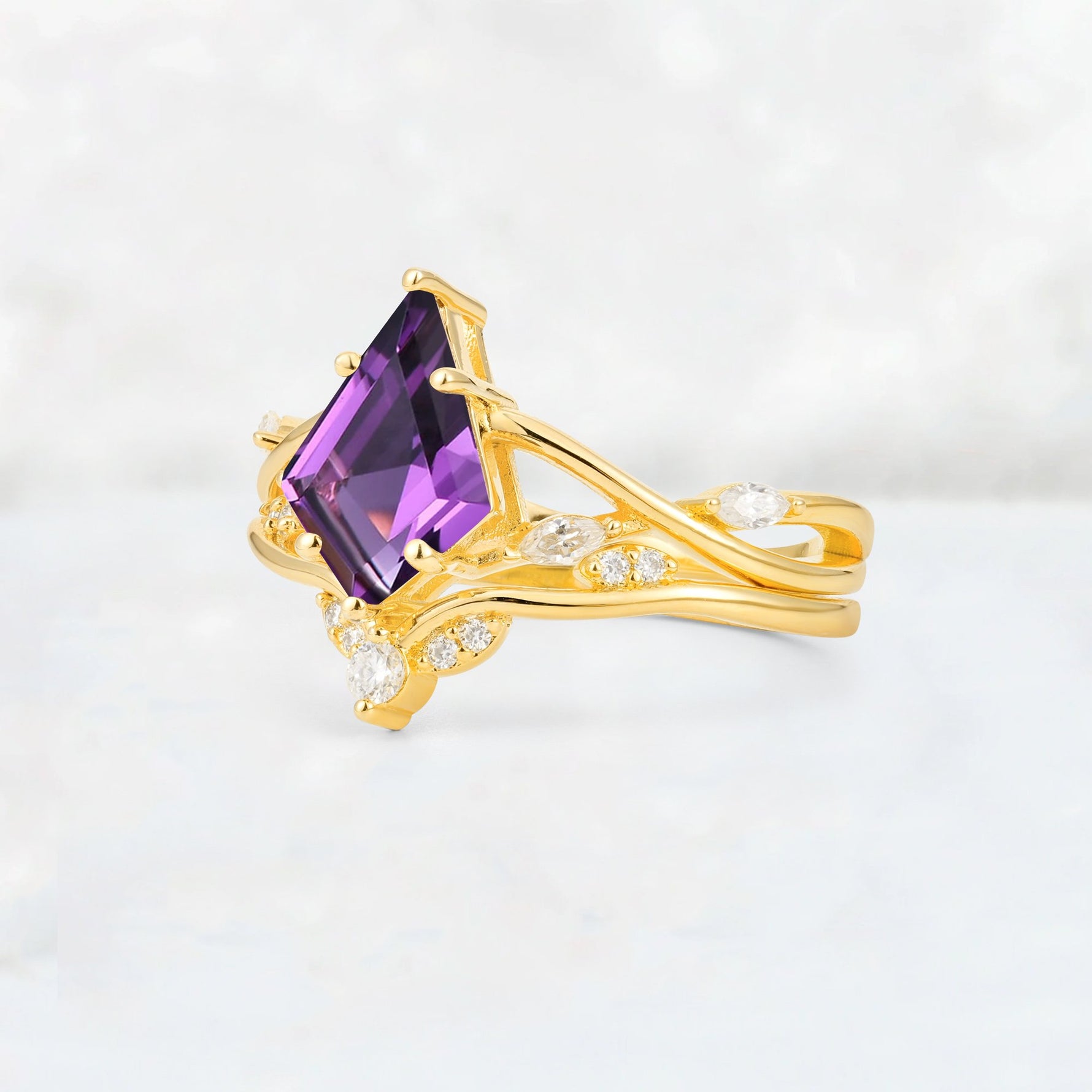 Kite Cut Amethyst Leaf Chevron Engagement Ring Set - Additional view