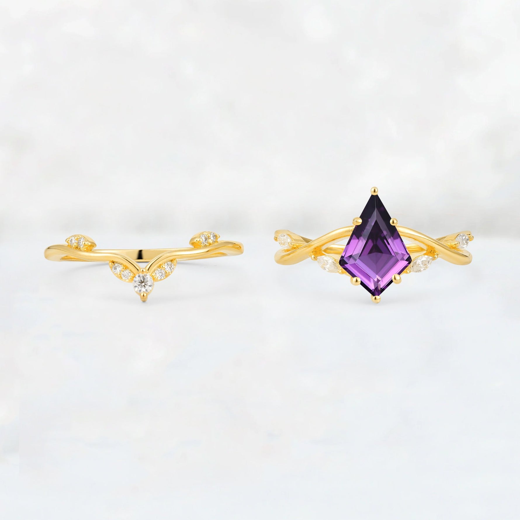 Kite Cut Amethyst Leaf Chevron Engagement Ring Set - Additional view