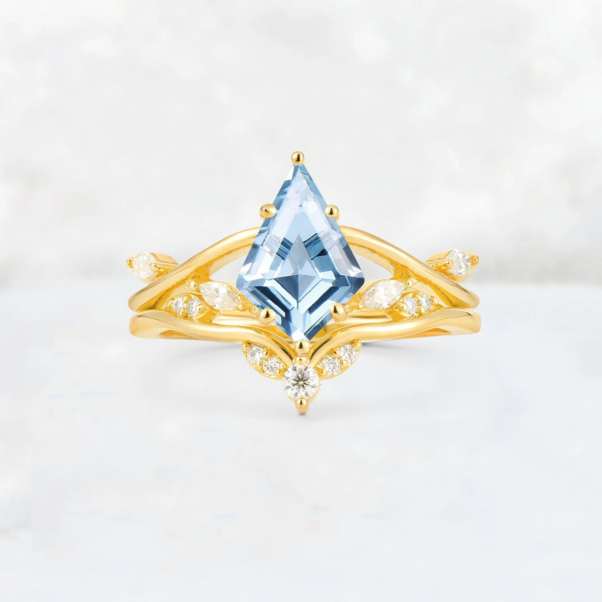 Kite Cut Aquamarine Leaf Chevron Engagement Ring Set - Additional view