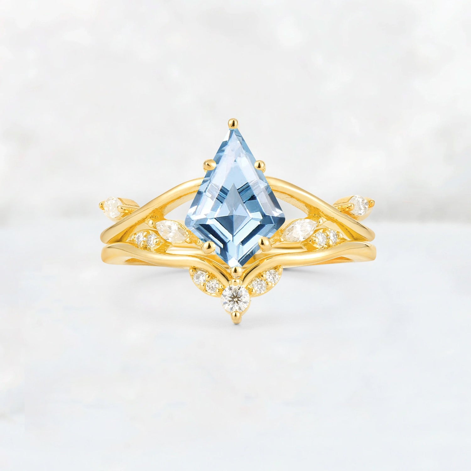 Kite Cut Aquamarine Leaf Chevron Engagement Ring Set - Additional view