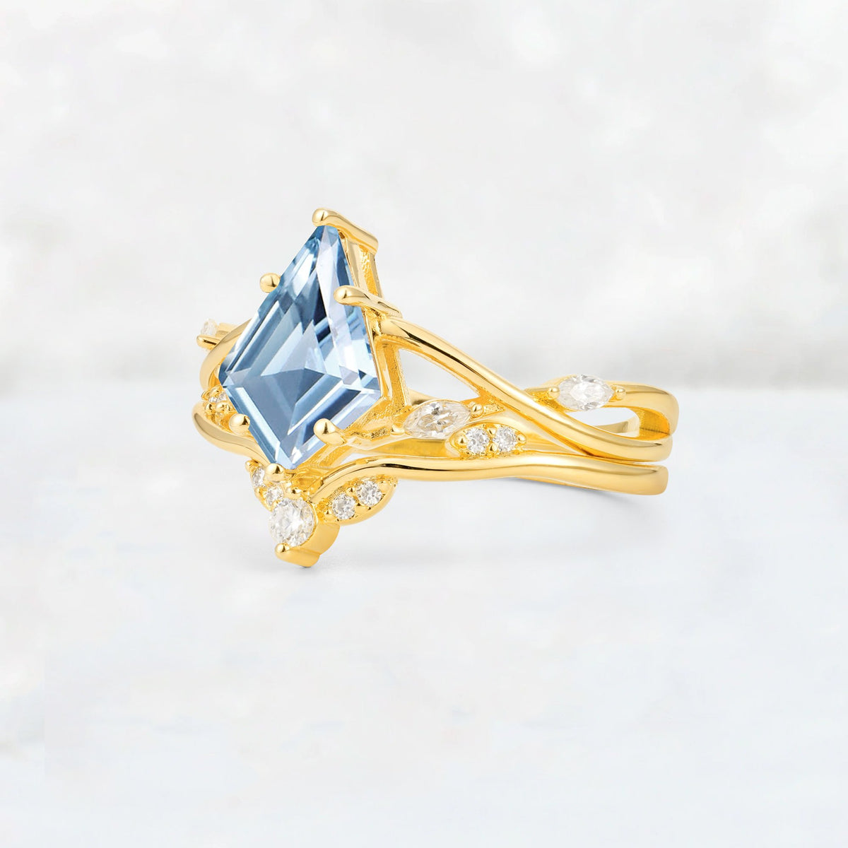 Kite Cut Aquamarine Leaf Chevron Engagement Ring Set - Additional view
