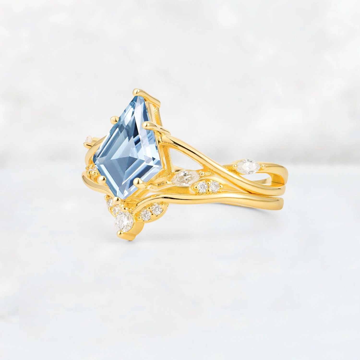 Kite Cut Aquamarine Leaf Chevron Engagement Ring Set - Additional view
