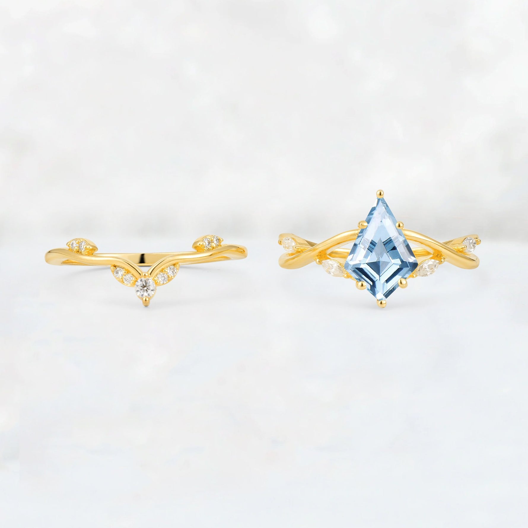 Kite Cut Aquamarine Leaf Chevron Engagement Ring Set - Additional view
