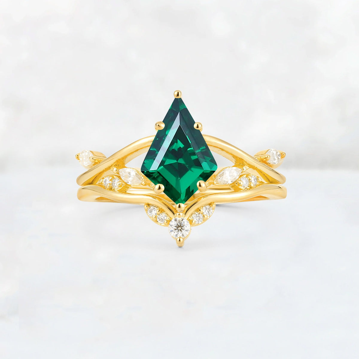 Kite Cut Emerald Leaf Chevron Engagement Ring Set - Additional view