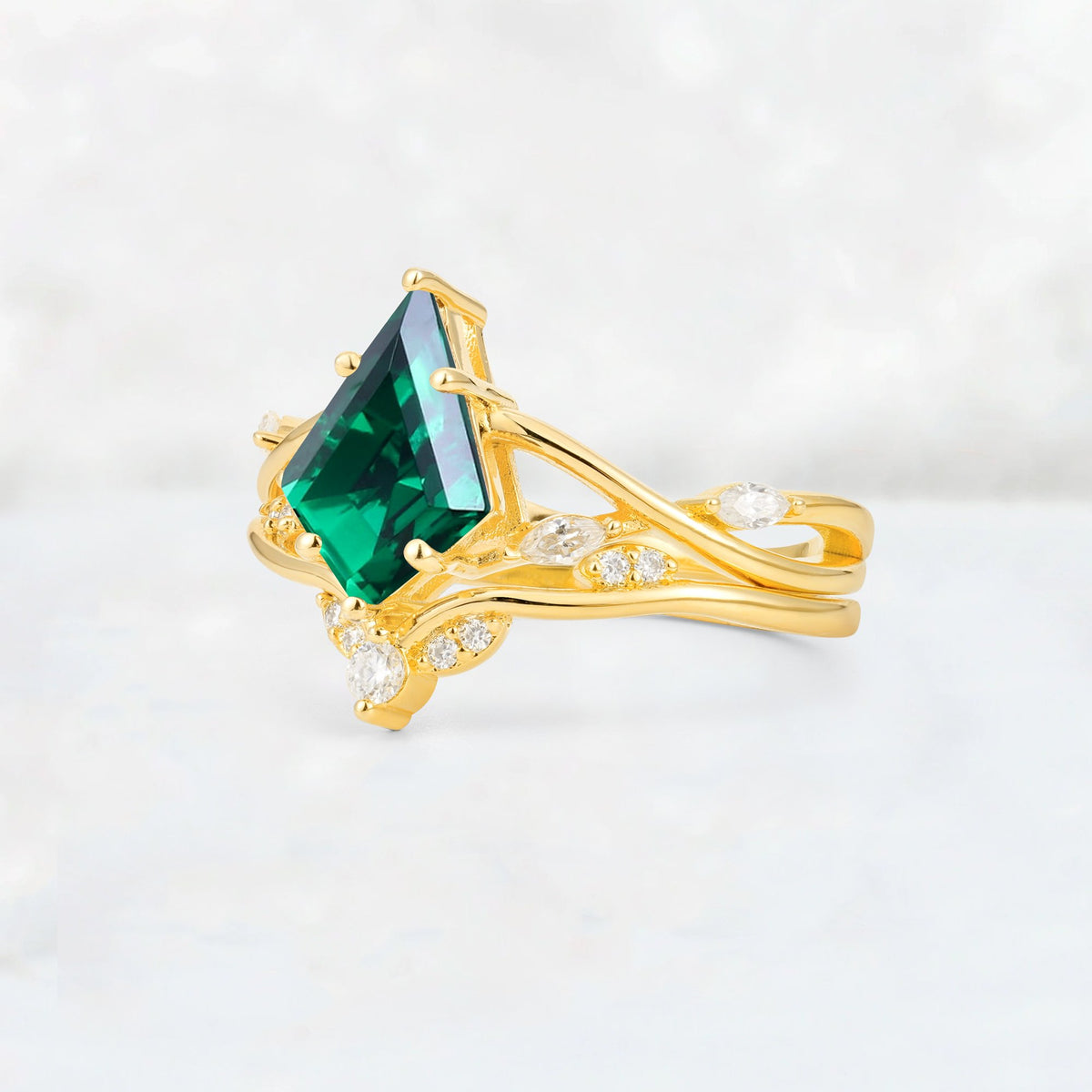 Kite Cut Emerald Leaf Chevron Engagement Ring Set - Additional view