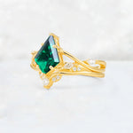 Kite Cut Emerald Leaf Chevron Engagement Ring Set - Additional view
