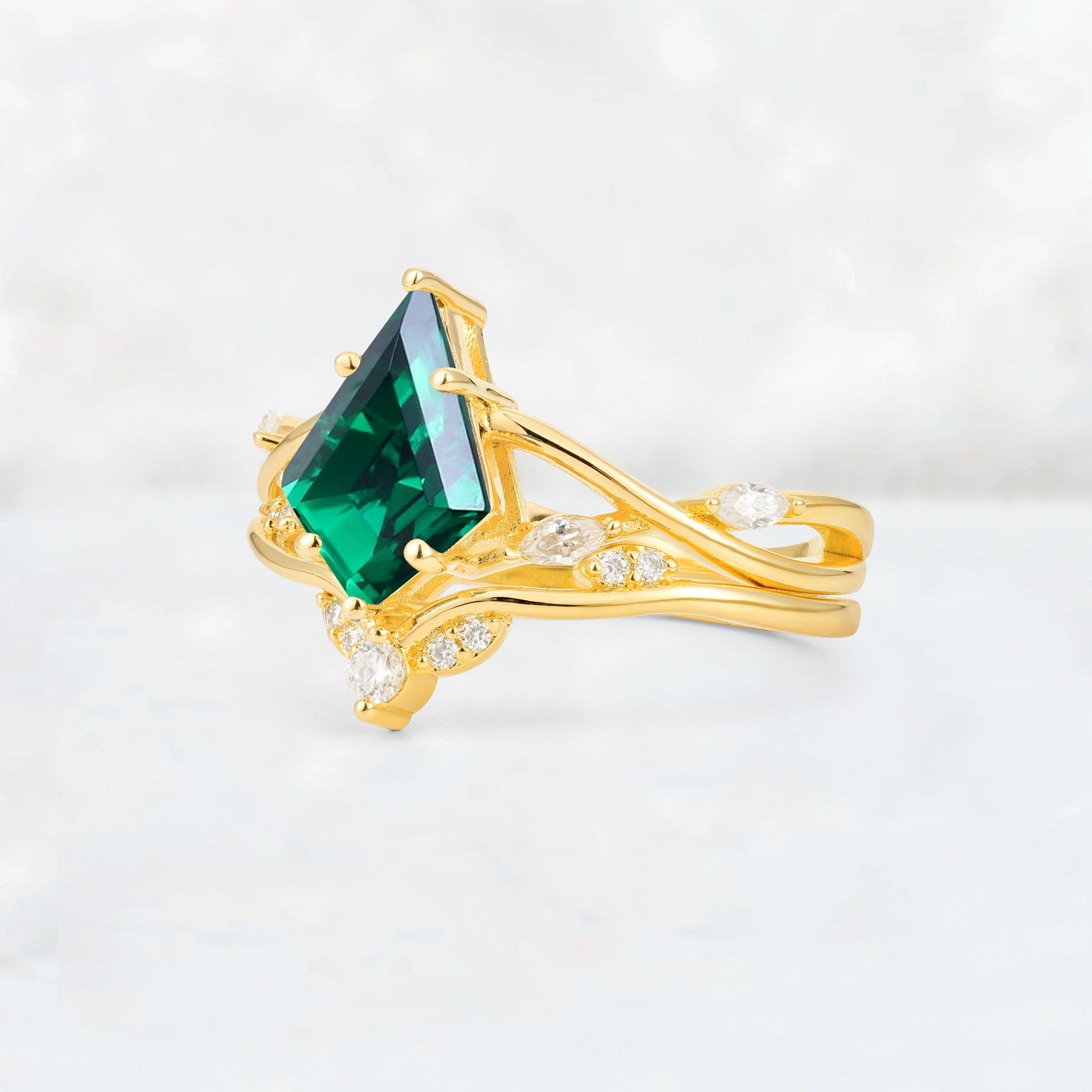 Kite Cut Emerald Leaf Chevron Engagement Ring Set - Additional view