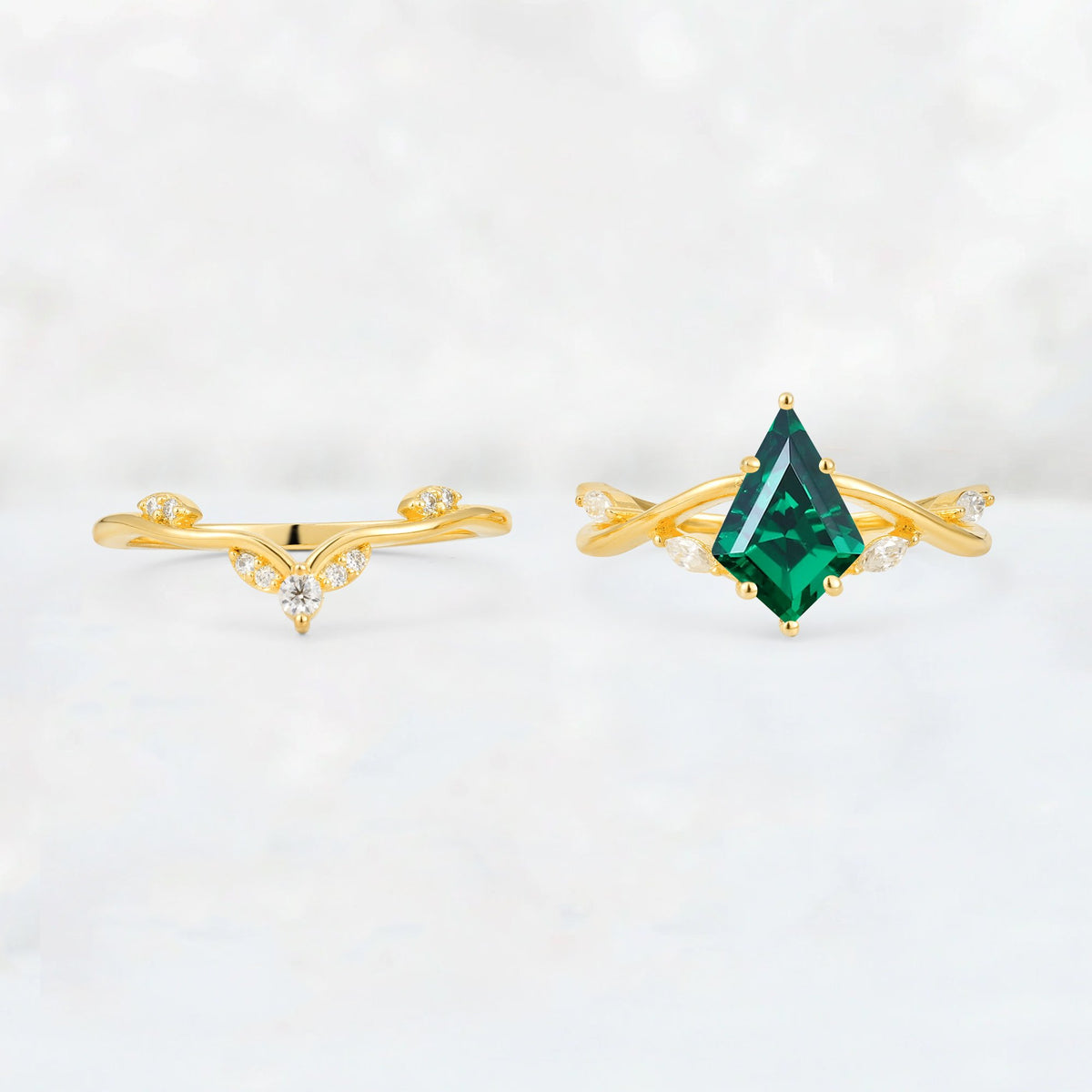 Kite Cut Emerald Leaf Chevron Engagement Ring Set - Additional view