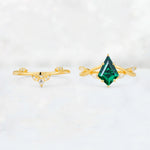 Kite Cut Emerald Leaf Chevron Engagement Ring Set - Additional view