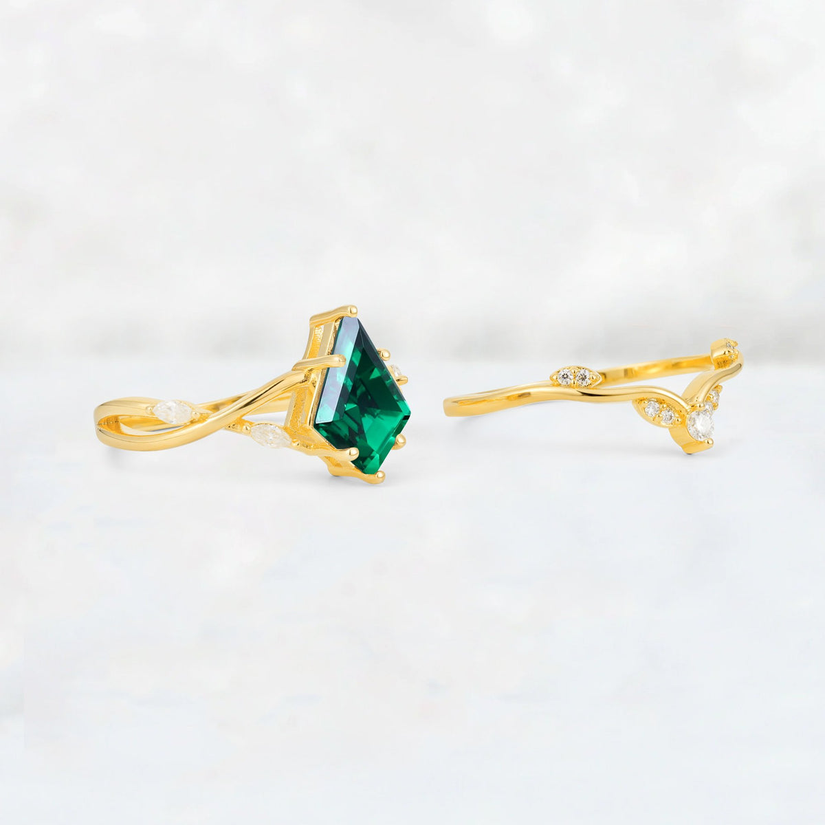 Kite Cut Emerald Leaf Chevron Engagement Ring Set - Additional view