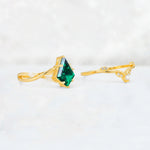 Kite Cut Emerald Leaf Chevron Engagement Ring Set - Additional view