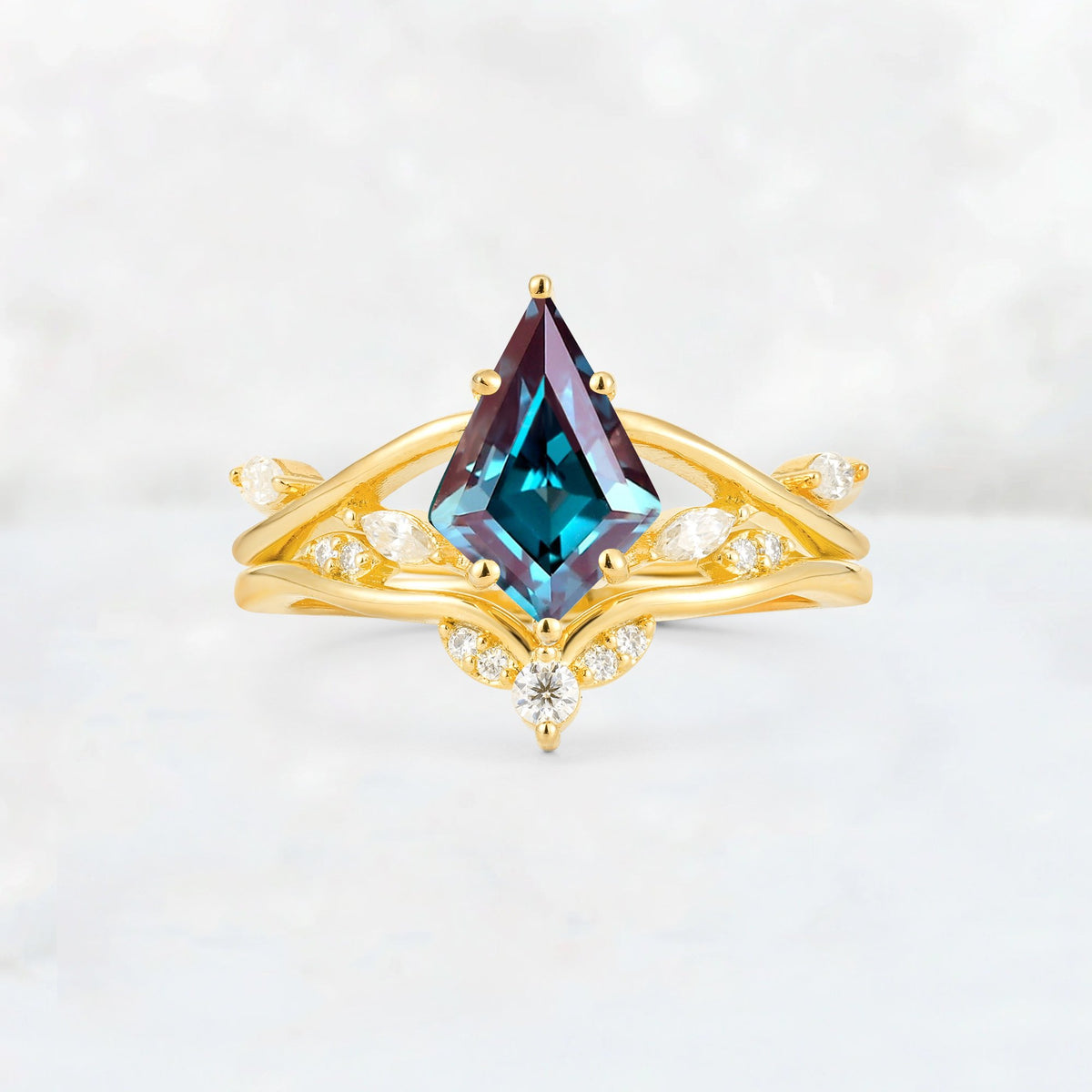 Kite Cut Alexandrite Leaf Chevron Engagement Ring Set - Additional view