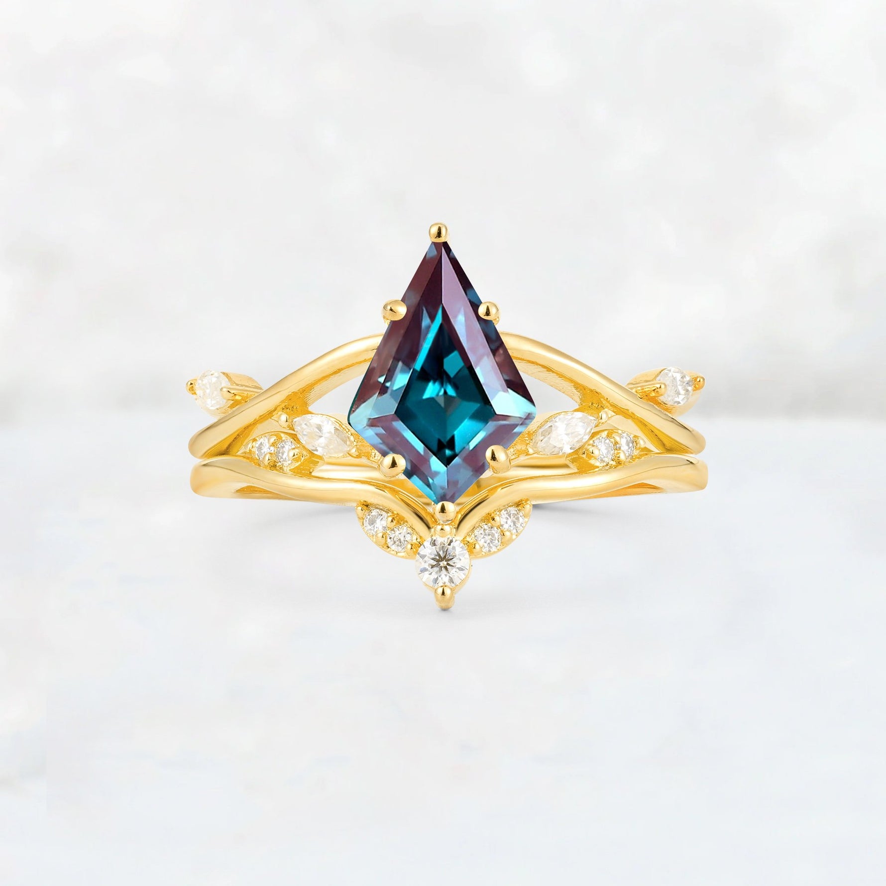 Kite Cut Alexandrite Leaf Chevron Engagement Ring Set - Additional view