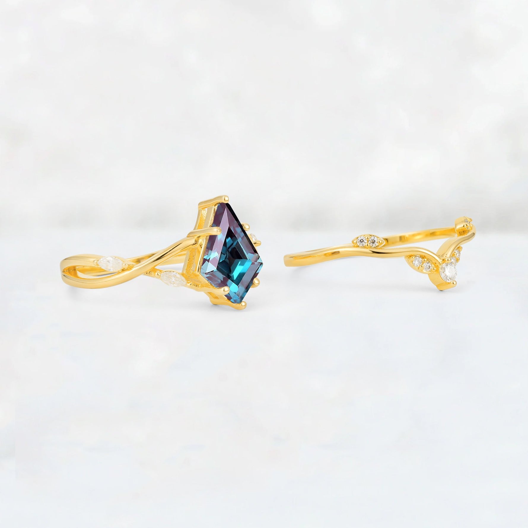 Kite Cut Alexandrite Leaf Chevron Engagement Ring Set - Additional view