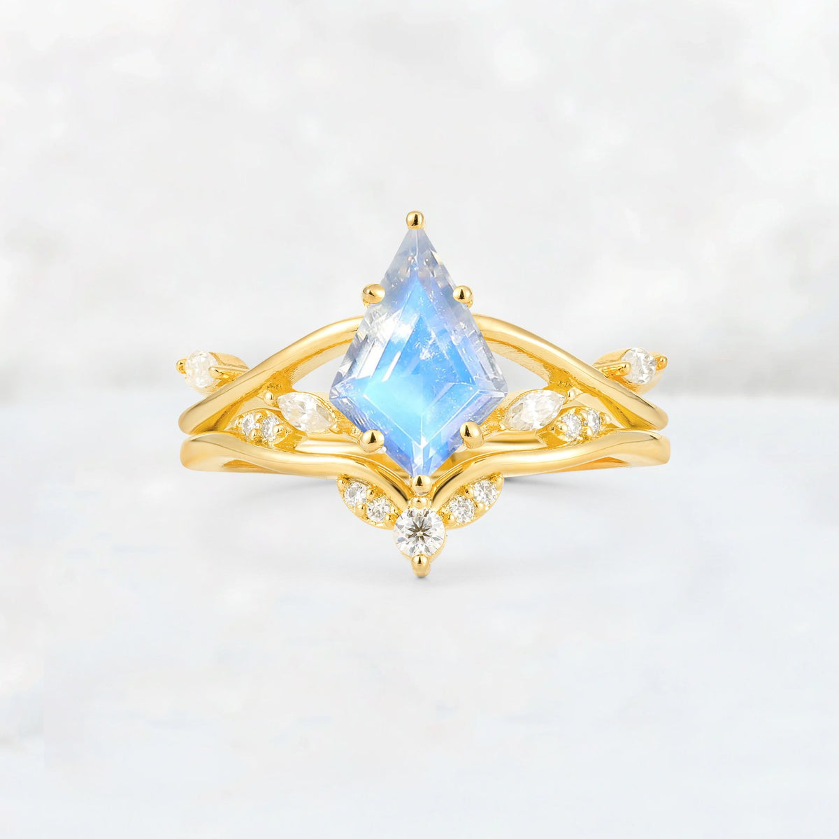 Kite Cut Moonstone Leaf Chevron Engagement Ring Set - Additional view