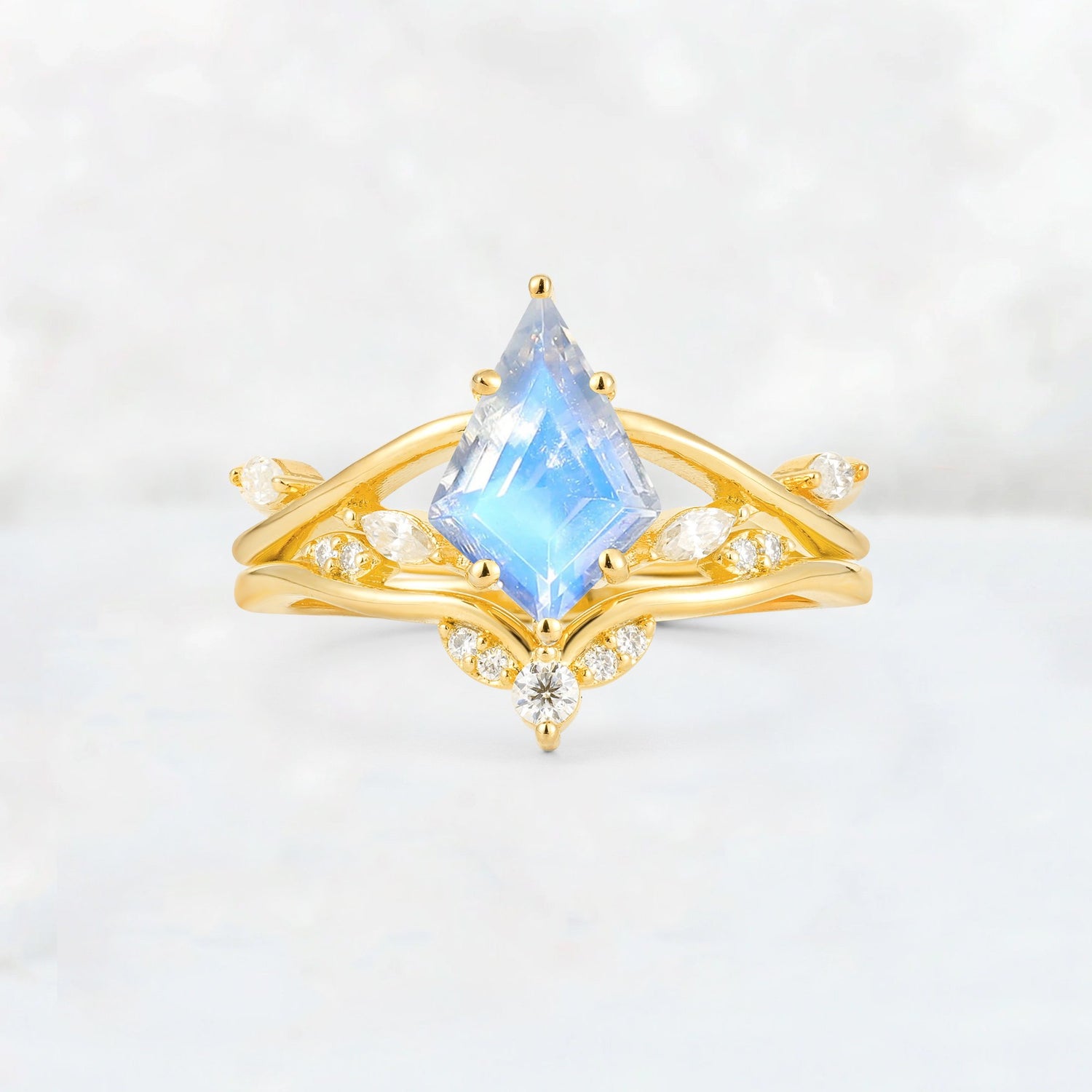 Kite Cut Moonstone Leaf Chevron Engagement Ring Set - Additional view