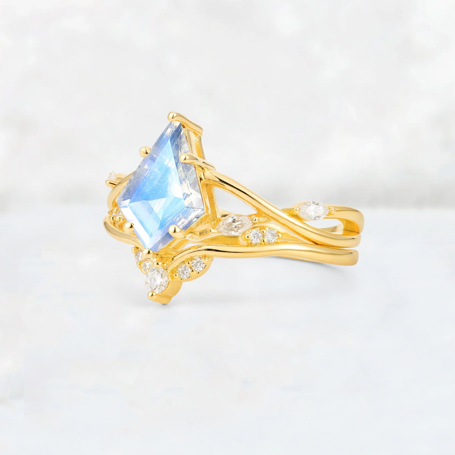Kite Cut Moonstone Leaf Chevron Engagement Ring Set - Additional view