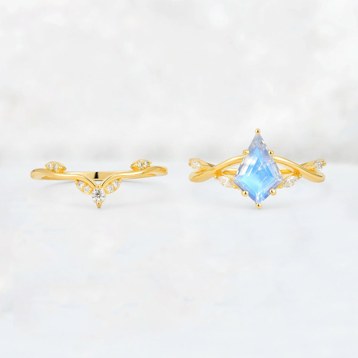 Kite Cut Moonstone Leaf Chevron Engagement Ring Set - Additional view