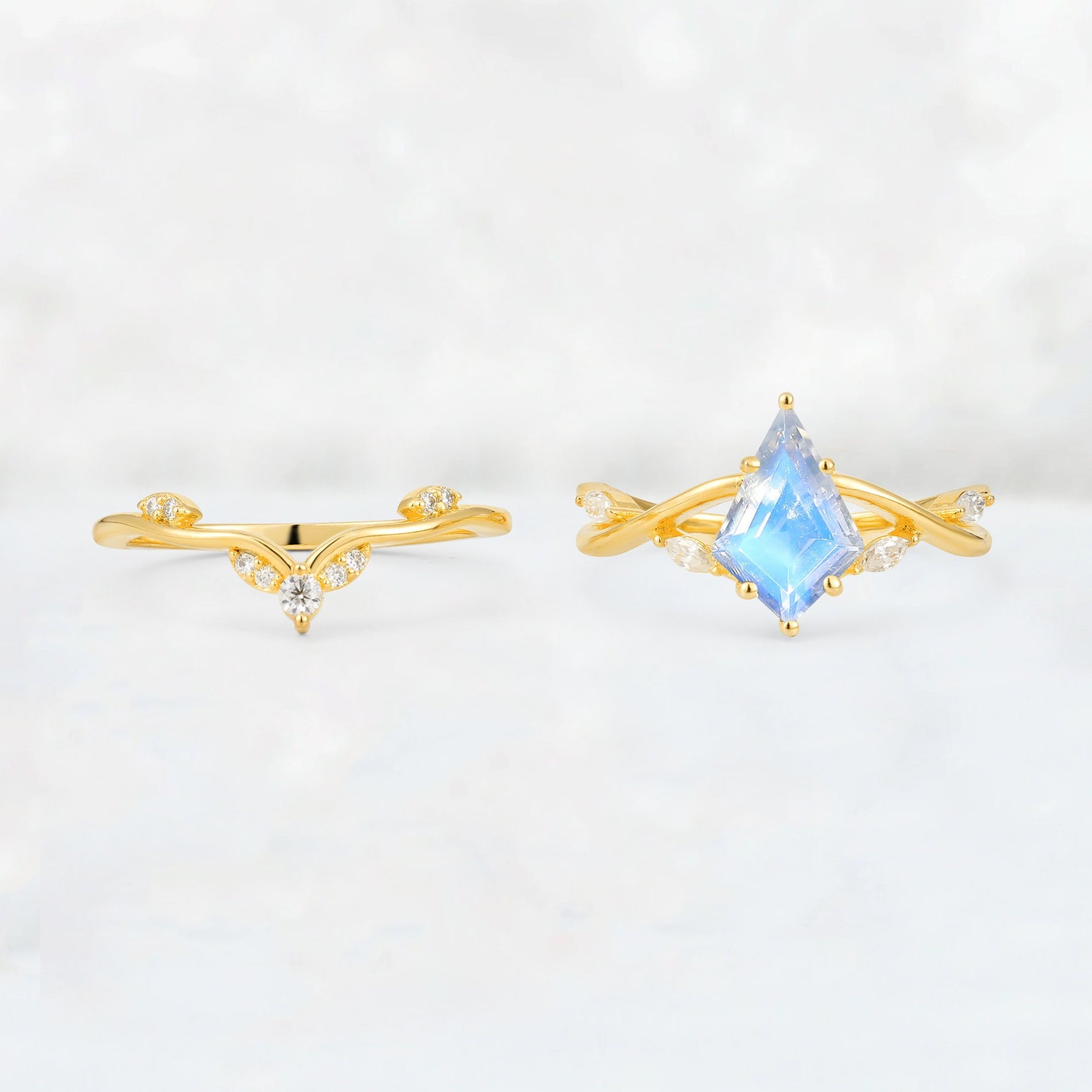 Kite Cut Moonstone Leaf Chevron Engagement Ring Set - Additional view
