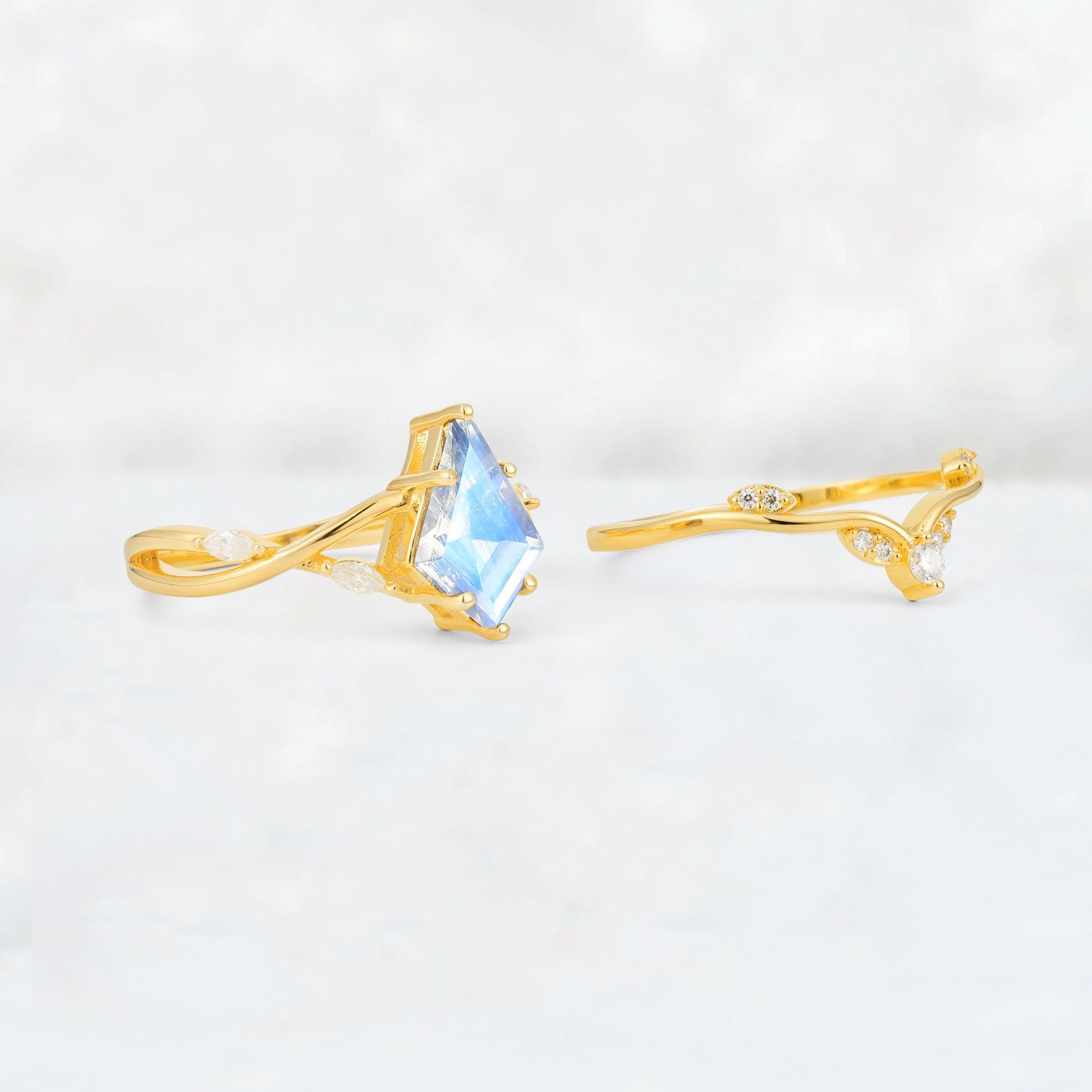 Kite Cut Moonstone Leaf Chevron Engagement Ring Set - Additional view