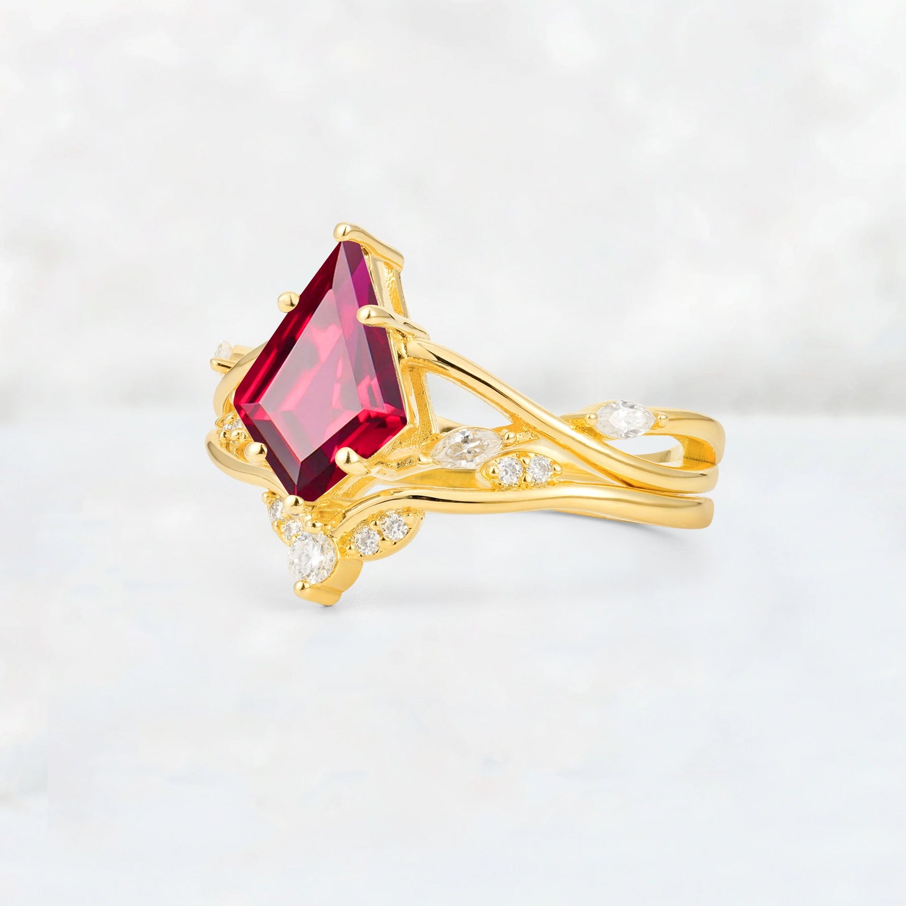 Kite Cut Ruby Leaf Chevron Engagement Ring Set - Additional view