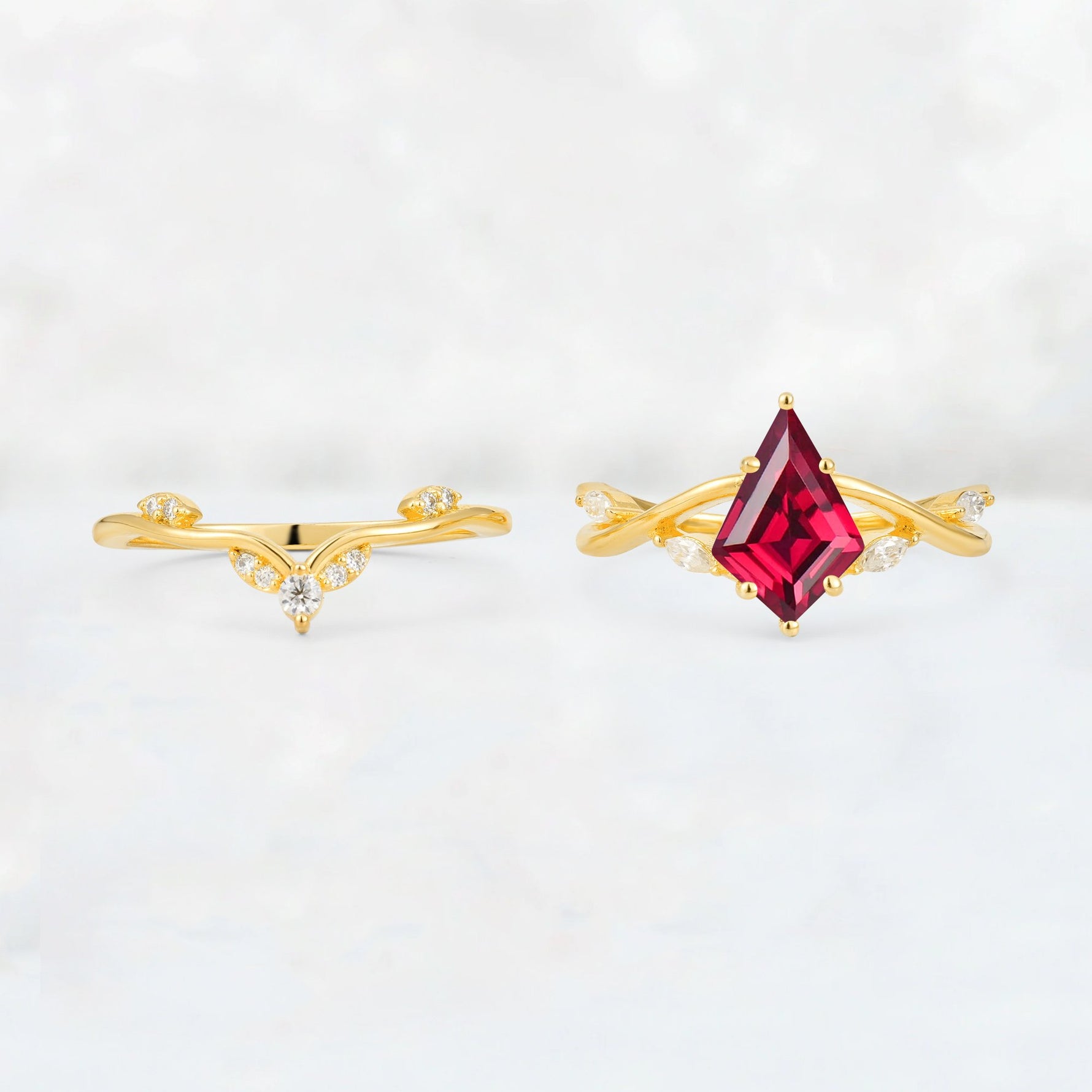 Kite Cut Ruby Leaf Chevron Engagement Ring Set - Additional view