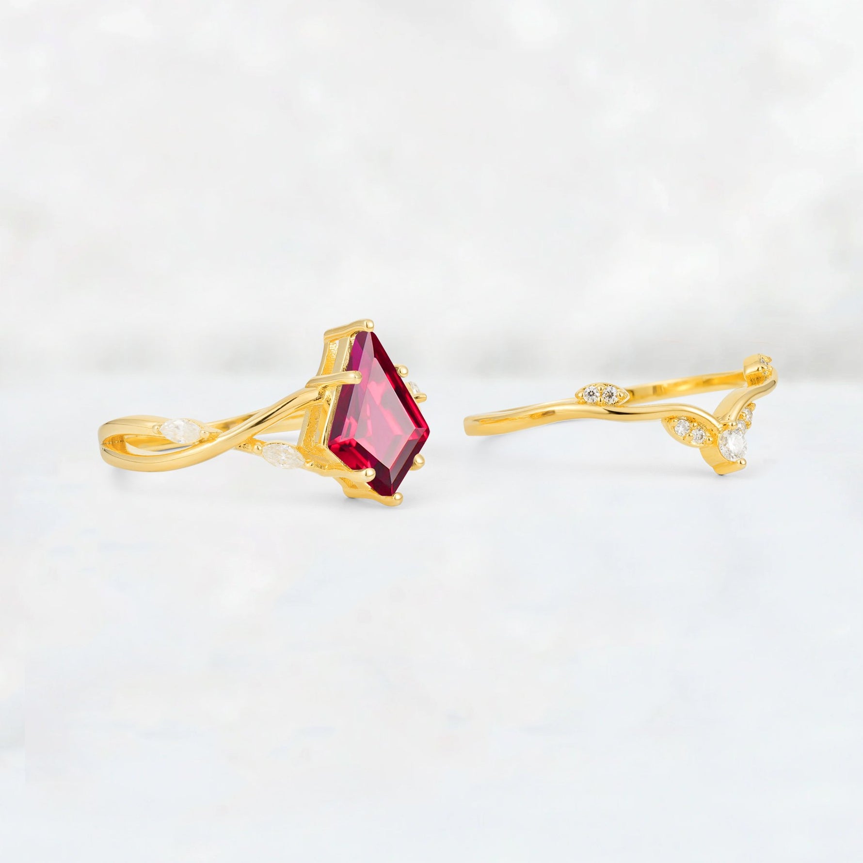 Kite Cut Ruby Leaf Chevron Engagement Ring Set - Additional view