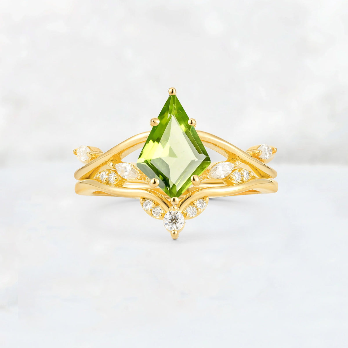 Kite Cut Peridot Leaf Chevron Engagement Ring Set - Additional view