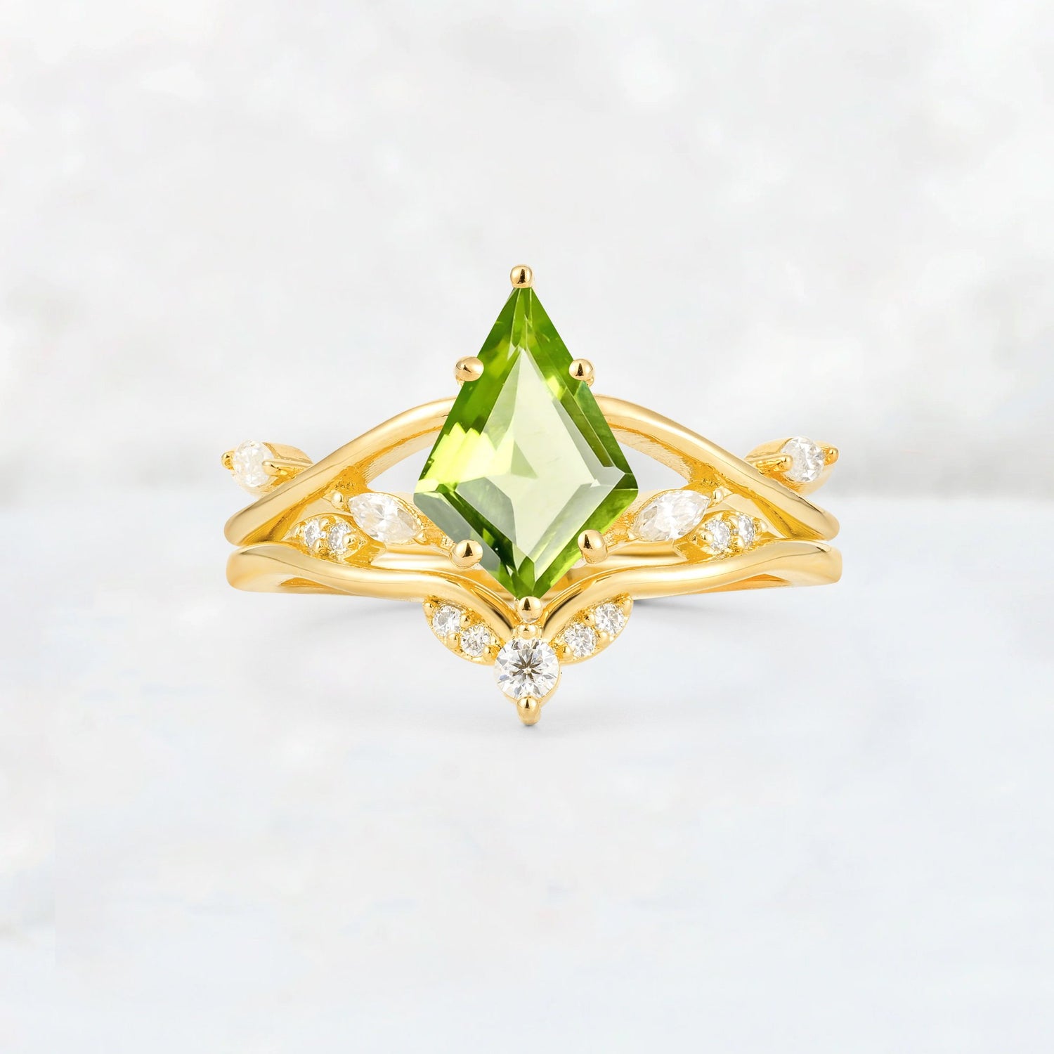 Kite Cut Peridot Leaf Chevron Engagement Ring Set - Additional view