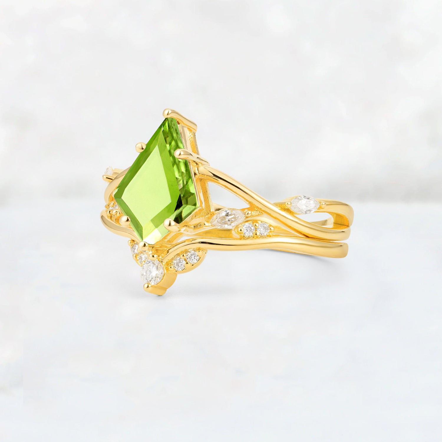 Kite Cut Peridot Leaf Chevron Engagement Ring Set - Additional view