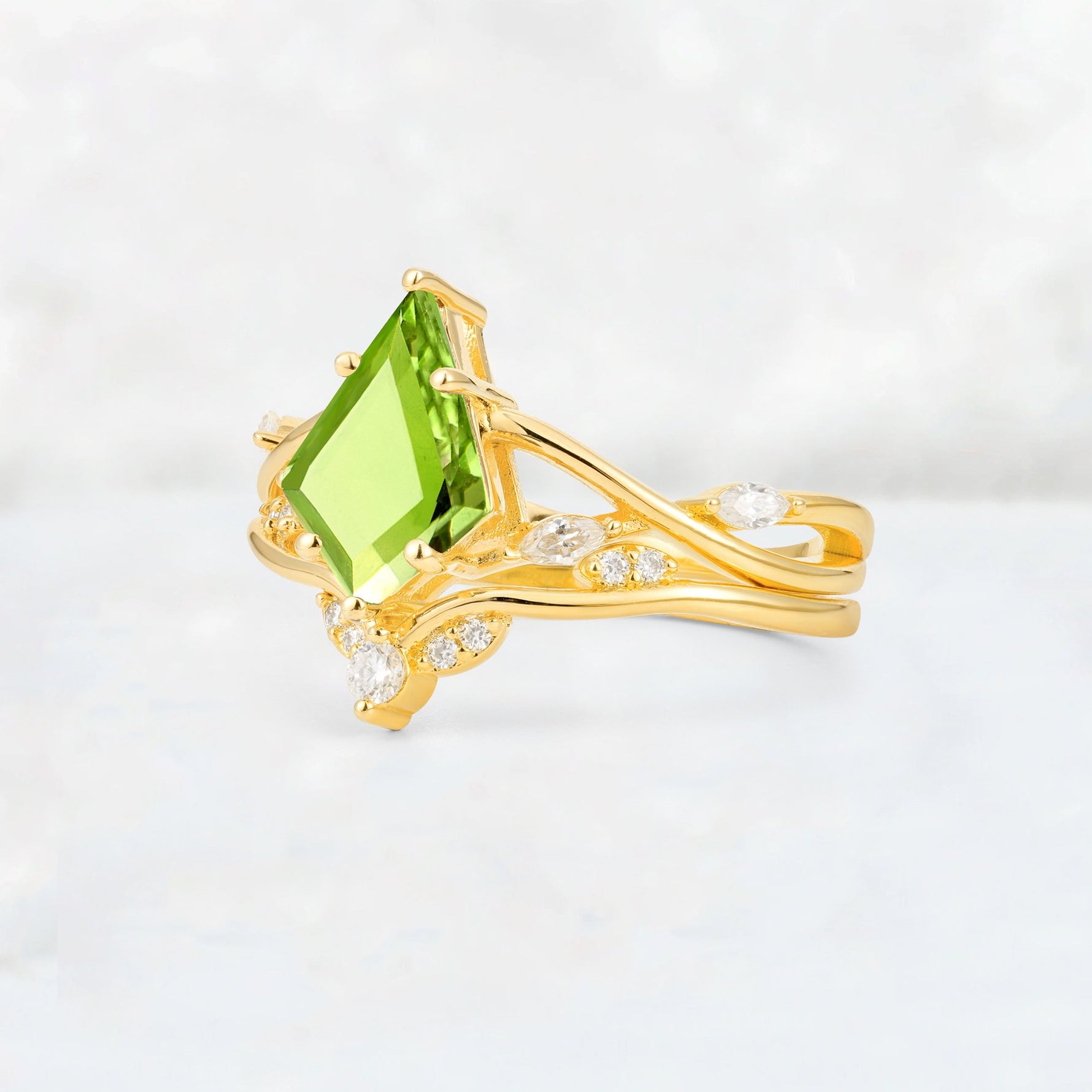 Kite Cut Peridot Leaf Chevron Engagement Ring Set - Additional view