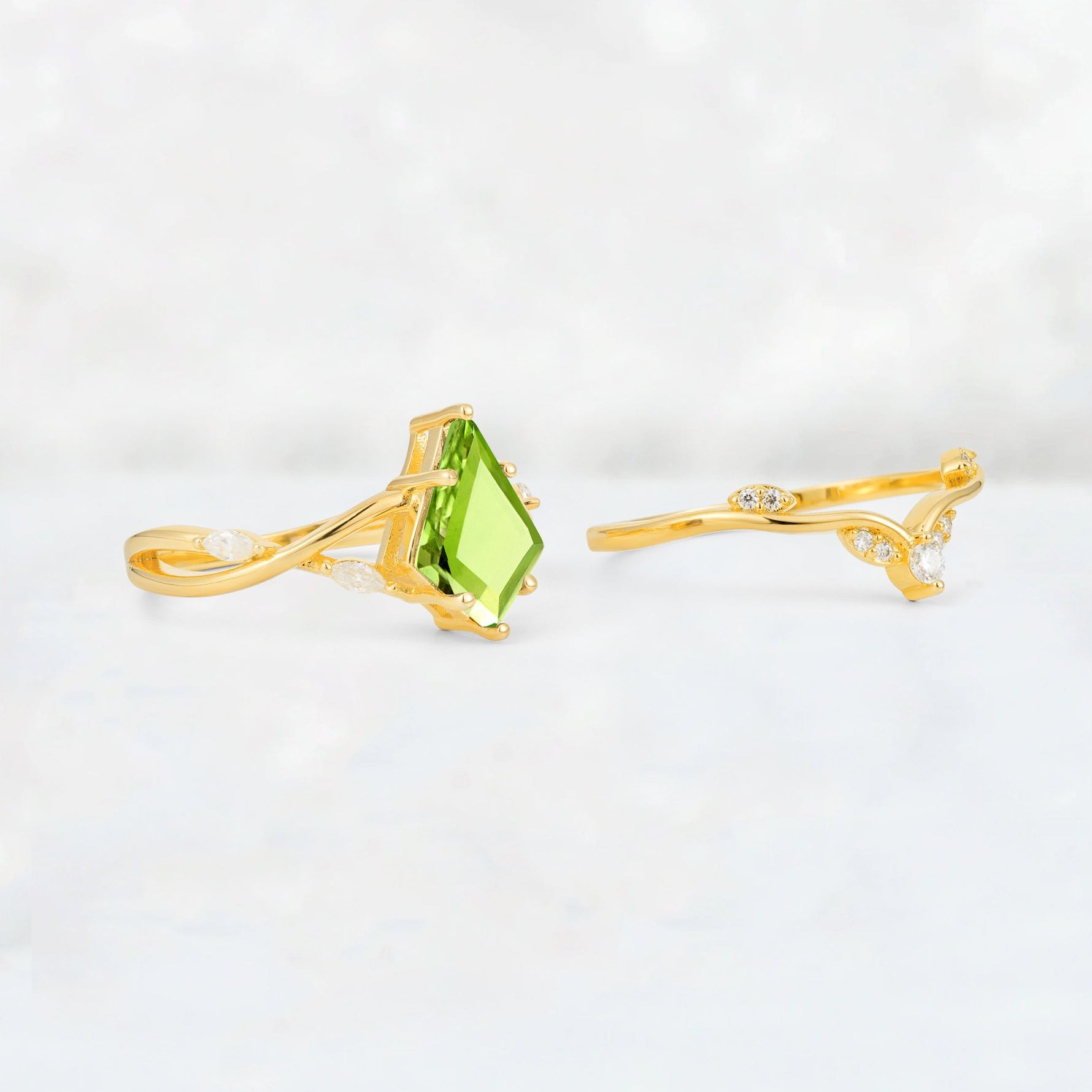 Kite Cut Peridot Leaf Chevron Engagement Ring Set - Additional view