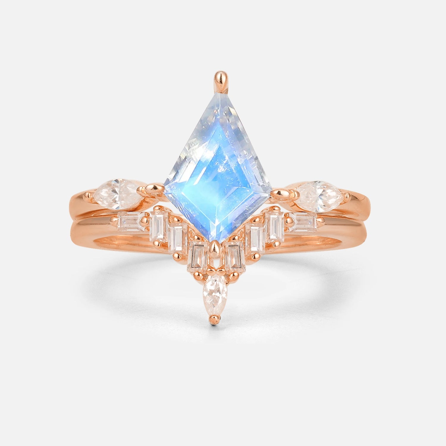 Elongated Kite Cut Moonstone Marquise & Baguette Bridal Ring Set