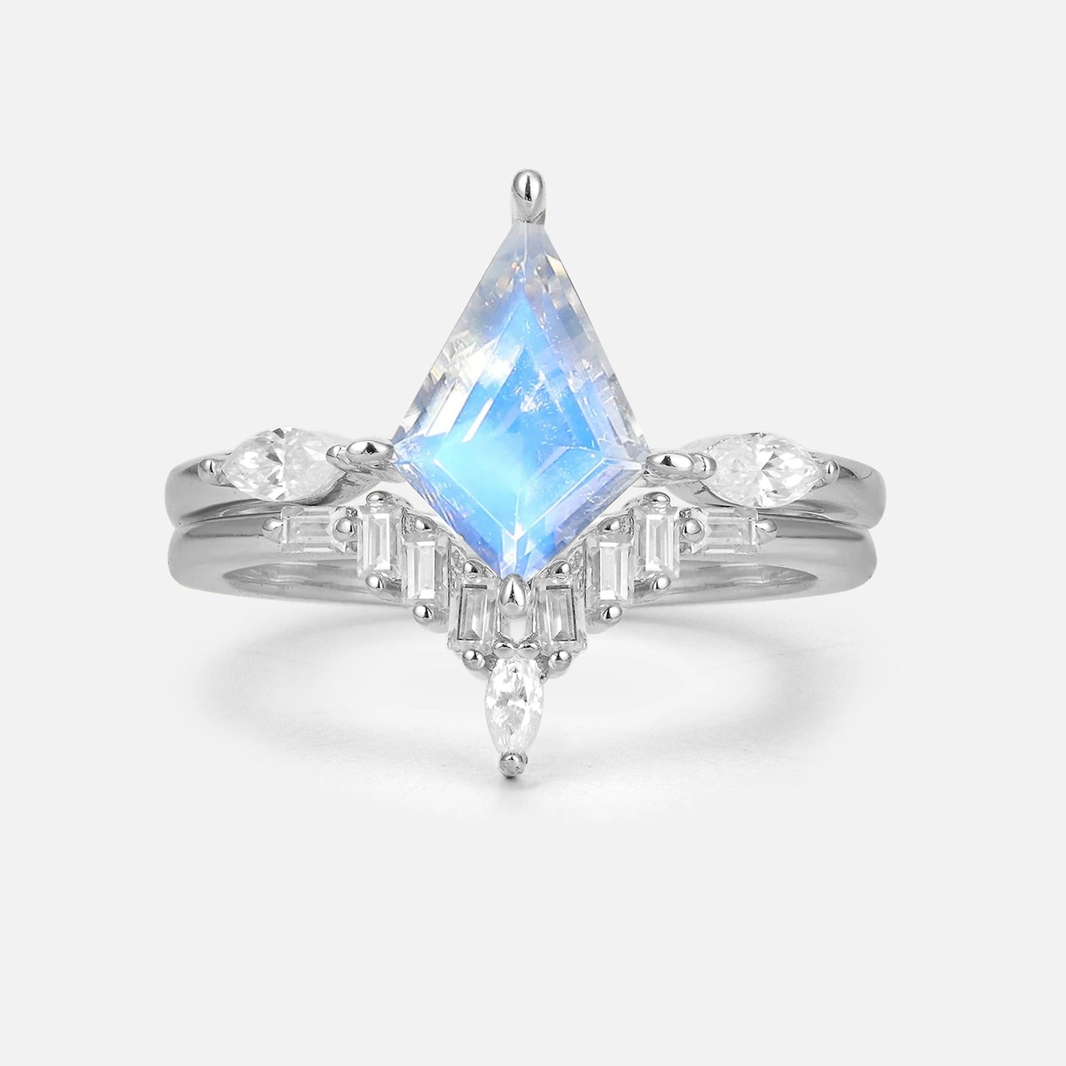 Elongated Kite Cut Moonstone Marquise & Baguette Bridal Ring Set