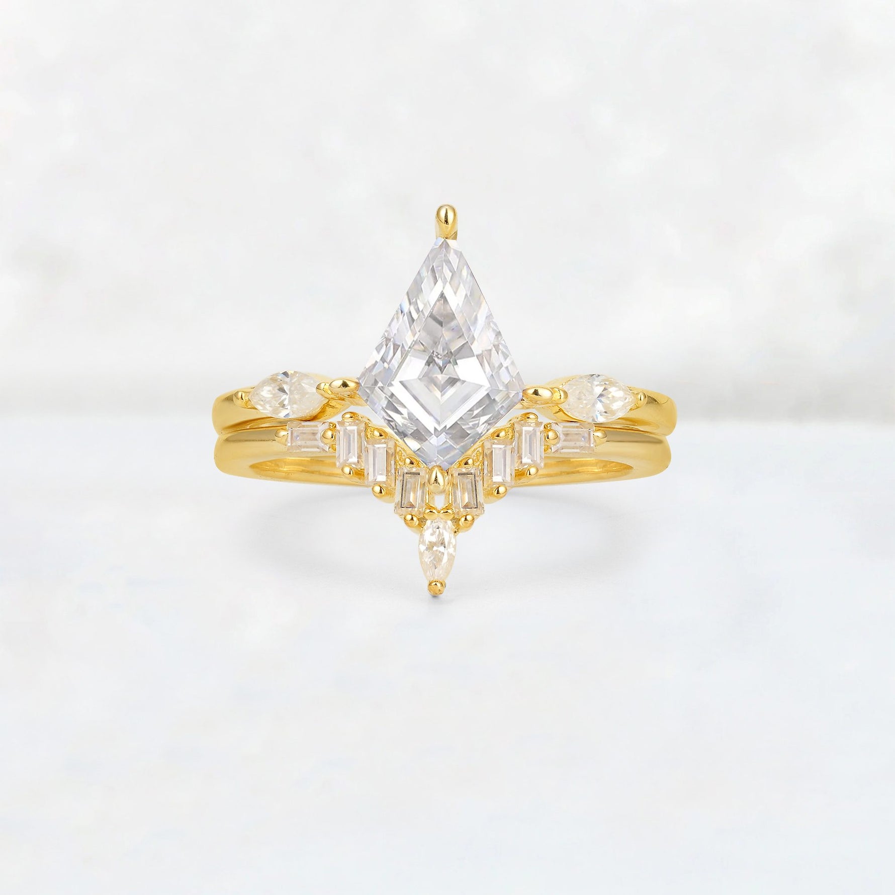 Elongated Kite Cut Moissanite Marquise & Baguette Bridal Ring Set - Yellow-Gold