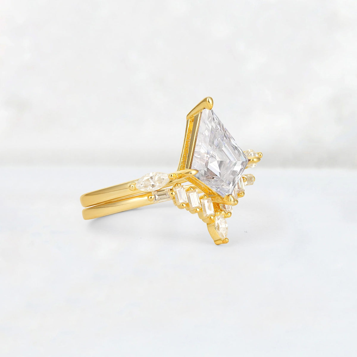 Elongated Kite Cut Moissanite Marquise & Baguette Bridal Ring Set - Rose-Gold