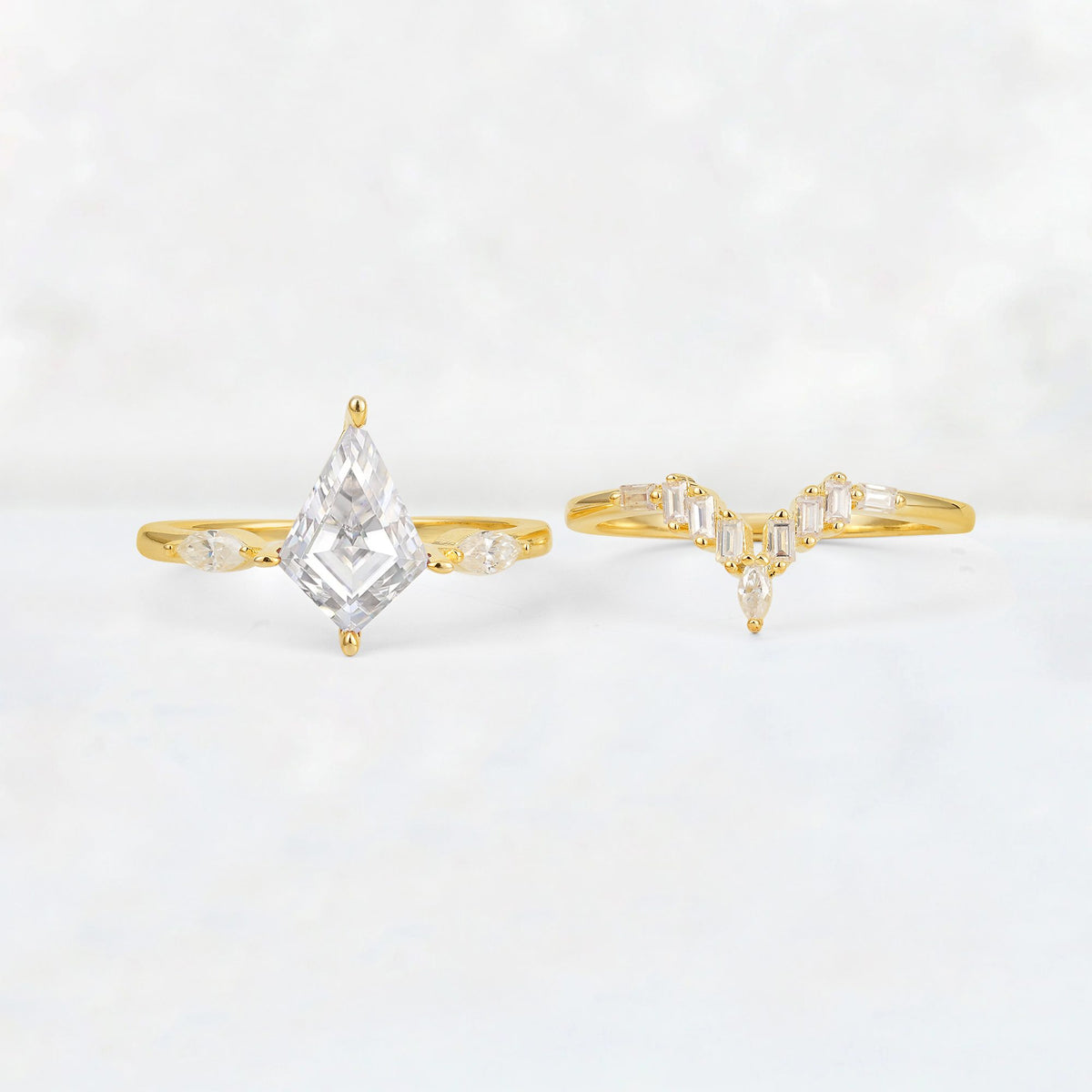 Elongated Kite Cut Moissanite Marquise & Baguette Bridal Ring Set - White-Gold