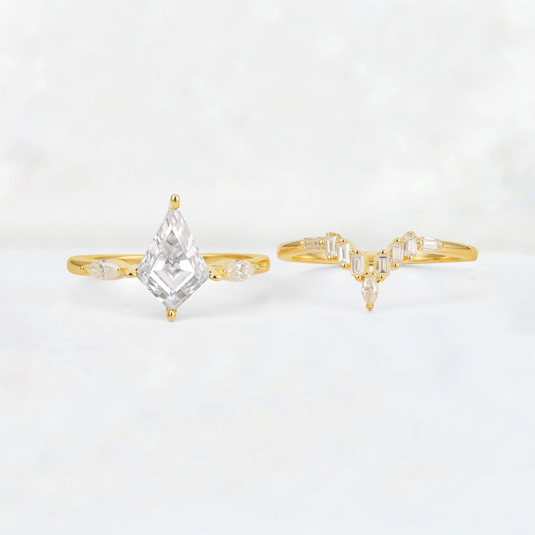Elongated Kite Cut Moissanite Marquise & Baguette Bridal Ring Set - White-Gold