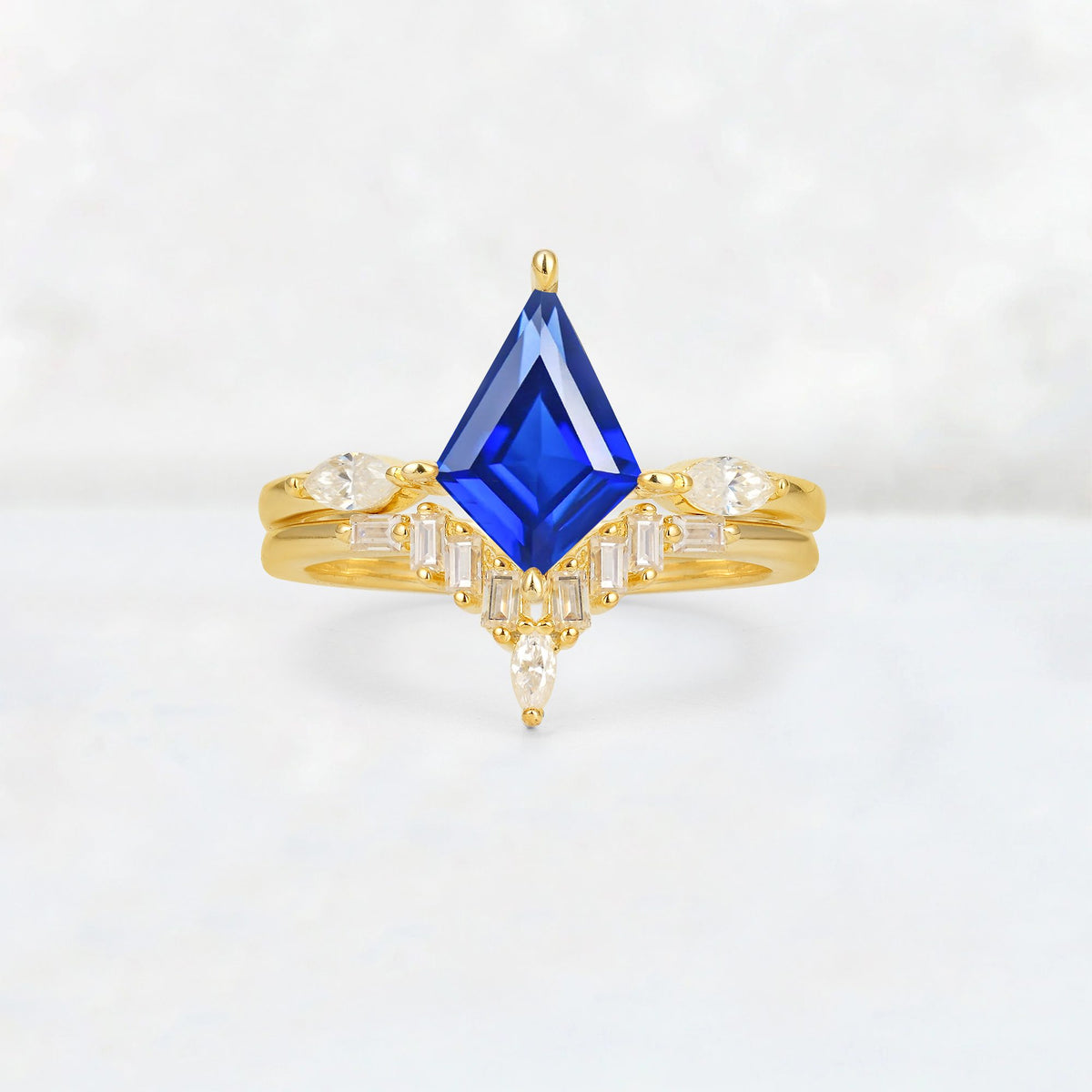 Elongated Kite Cut Sapphire Marquise & Baguette Bridal Ring Set - Yellow-Gold